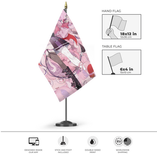 A mockup of the custom flag 'Mouse flag' as a desk flag and small hand waving flag