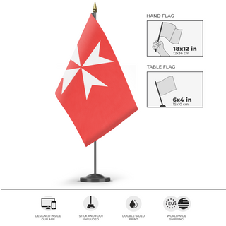 A mockup of the custom flag 'Maltese Cross flag' as a desk flag and small hand waving flag
