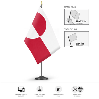 A mockup of the custom flag 'Flag of Greenland' as a desk flag and small hand waving flag