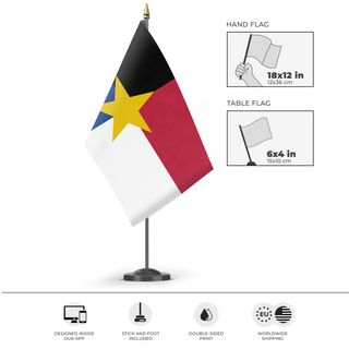 A mockup of the custom flag 'La Mancha flag' as a desk flag and small hand waving flag