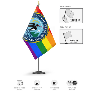 A mockup of the custom flag 'Minnesota Laser Loon Pride flag' as a desk flag and small hand waving flag