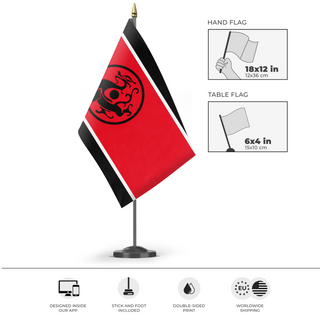 A mockup of the custom flag 'Han Nationalist flag' as a desk flag and small hand waving flag