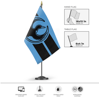 A mockup of the custom flag 'Minnesota Rebel Loon flag' as a desk flag and small hand waving flag