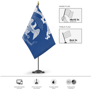 A mockup of the custom flag 'Modern First Minnesota Volunteers flag' as a desk flag and small hand waving flag