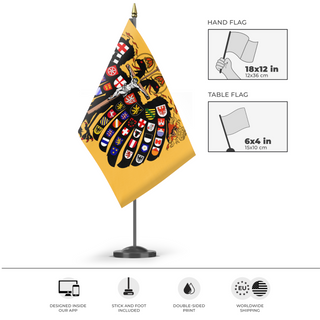 A mockup of the custom flag 'Quaternion Flag of the Holy Roman Empire' as a desk flag and small hand waving flag
