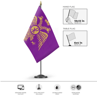 A mockup of the custom flag 'Byzantine Empire Double-Headed Eagle flag' as a desk flag and small hand waving flag