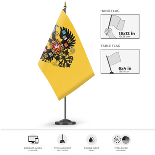 A mockup of the custom flag 'Tsarist Russia' as a desk flag and small hand waving flag