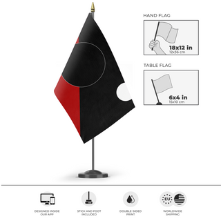 A mockup of the custom flag 'The Nexus Union flag' as a desk flag and small hand waving flag