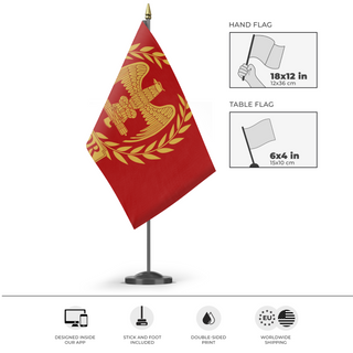 A mockup of the custom flag 'Roman Empire flag' as a desk flag and small hand waving flag