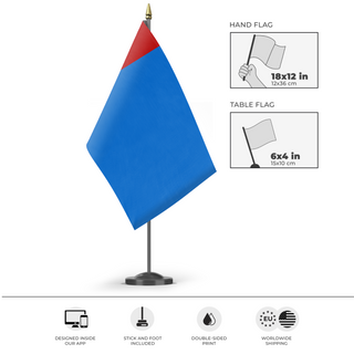 A mockup of the custom flag 'Kingdom of Titania flag' as a desk flag and small hand waving flag