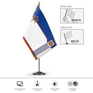 A mockup of the custom flag 'Flag 1' as a desk flag and small hand waving flag