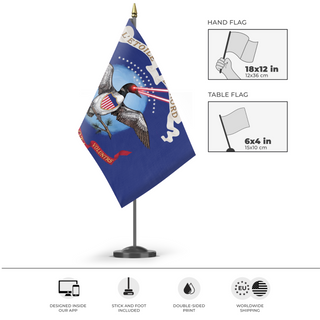 A mockup of the custom flag 'First Minnesota Volunteers Laser Loon flag' as a desk flag and small hand waving flag
