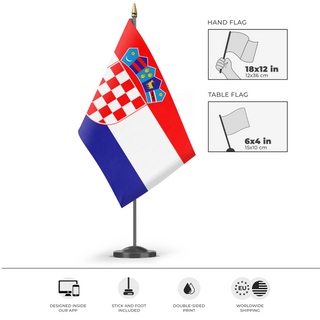 A mockup of the custom flag 'HRVATSKA flag' as a desk flag and small hand waving flag