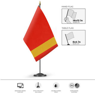 A mockup of the custom flag 'Yuktobania flag' as a desk flag and small hand waving flag