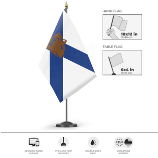 A mockup of the custom flag 'Darolina  flag' as a desk flag and small hand waving flag