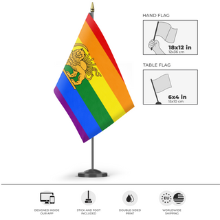 A mockup of the custom flag 'Free Iran Pride flag' as a desk flag and small hand waving flag
