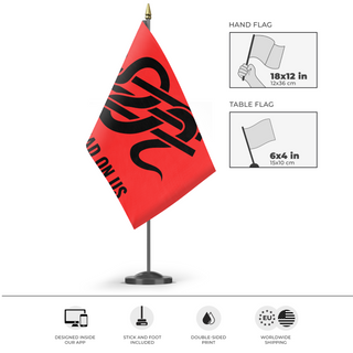 A mockup of the custom flag 'Iron Front Gadsden flag' as a desk flag and small hand waving flag