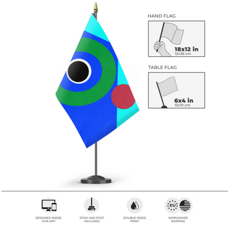 A mockup of the custom flag 'zoooooooooooooooooooooooooooooooooooooooooooo flag' as a desk flag and small hand waving flag