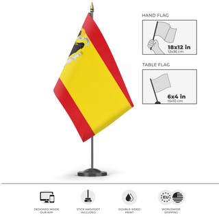 A mockup of the custom flag 'Francoist Spain flag' as a desk flag and small hand waving flag
