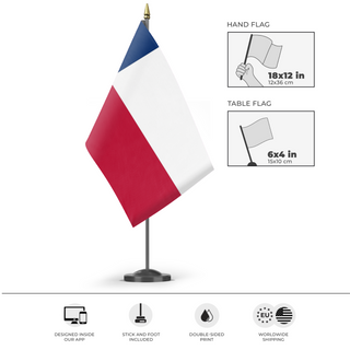 A mockup of the custom flag 'Texan Enclave flag' as a desk flag and small hand waving flag