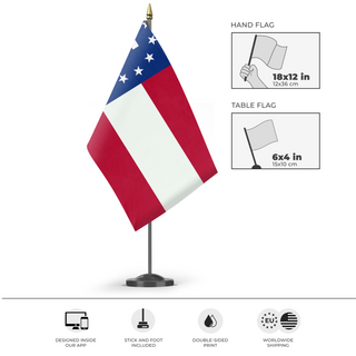 A mockup of the custom flag 'Georgia Enclave flag' as a desk flag and small hand waving flag