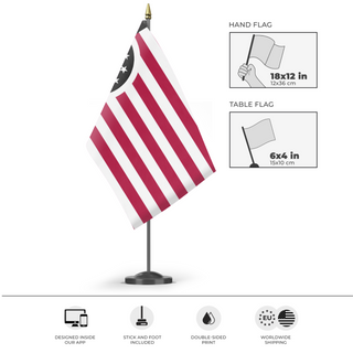 A mockup of the custom flag 'Chicago Enclave flag' as a desk flag and small hand waving flag