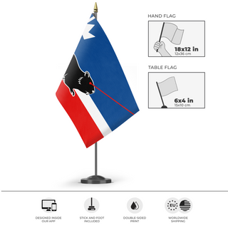 A mockup of the custom flag 'Virginia Laser Beaver flag' as a desk flag and small hand waving flag