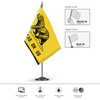 A mockup of the custom flag 'California Gadsden flag' as a desk flag and small hand waving flag