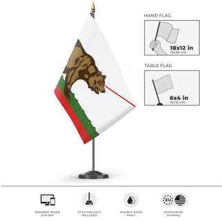 A mockup of the custom flag 'California Laser Bear flag' as a desk flag and small hand waving flag