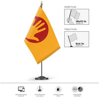 A mockup of the custom flag 'Flag of Humanity' as a desk flag and small hand waving flag