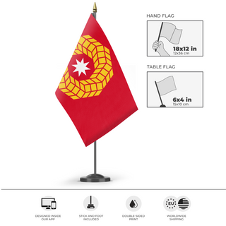 A mockup of the custom flag 'hexawheel flag' as a desk flag and small hand waving flag
