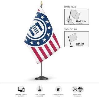 A mockup of the custom flag 'MacArthur Enclave flag' as a desk flag and small hand waving flag
