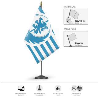 A mockup of the custom flag 'Lyon's Pride' as a desk flag and small hand waving flag