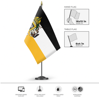 A mockup of the custom flag 'Grand Duchy of Tresoria flag' as a desk flag and small hand waving flag