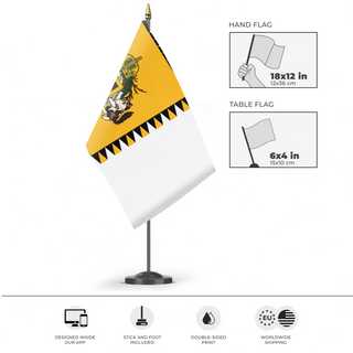 A mockup of the custom flag 'Ducal Standard of Tresoria flag' as a desk flag and small hand waving flag
