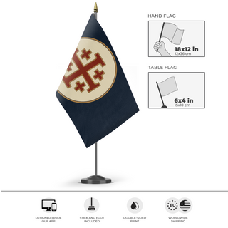 A mockup of the custom flag 'Dark Blue Templar flag' as a desk flag and small hand waving flag