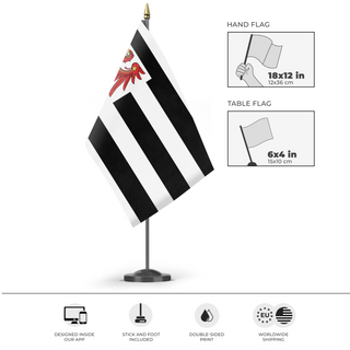 A mockup of the custom flag 'Flag of Brandenburg' as a desk flag and small hand waving flag