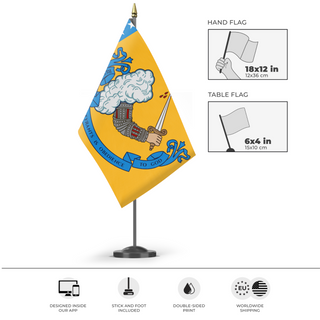 A mockup of the custom flag 'Gostelowe Standard No.10 flag' as a desk flag and small hand waving flag