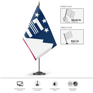 A mockup of the custom flag 'The Northern Territories' as a desk flag and small hand waving flag