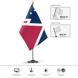 A mockup of the custom flag 'The Northern Mandate' as a desk flag and small hand waving flag