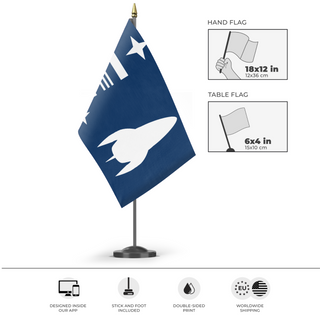 A mockup of the custom flag 'Van Buren' as a desk flag and small hand waving flag