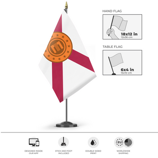 A mockup of the custom flag 'Florida Enclave flag' as a desk flag and small hand waving flag