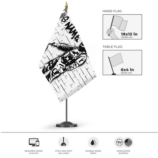 A mockup of the custom flag 'Alex Pretti Say His Name flag' as a desk flag and small hand waving flag