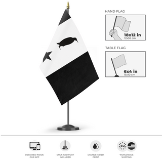 A mockup of the custom flag 'Penguinian Flag' as a desk flag and small hand waving flag