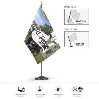 A mockup of the custom flag 'test 3 flag' as a desk flag and small hand waving flag