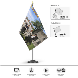 A mockup of the custom flag 'test 6 flag' as a desk flag and small hand waving flag