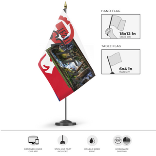 A mockup of the custom flag 'test 8 flag' as a desk flag and small hand waving flag