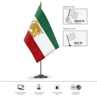 A mockup of the custom flag 'Iran Lion and Sun flag' as a desk flag and small hand waving flag