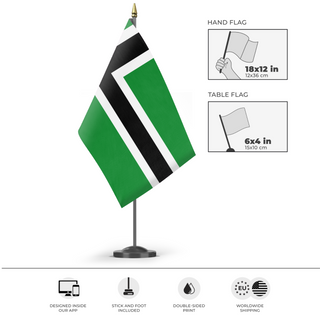 A mockup of the custom flag 'Vinland flag' as a desk flag and small hand waving flag