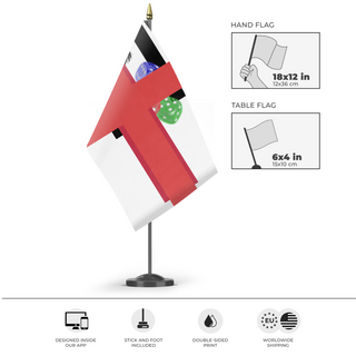 A mockup of the custom flag 'T flag' as a desk flag and small hand waving flag